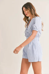Light Blue Striped Puff Sleeve Romper | Fashionable Chic, Rompers, $ 65.00, A Moment Of Now™